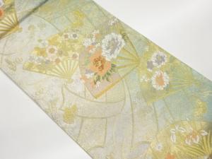 吹山織物製　扇に房・花々模様織出し袋帯